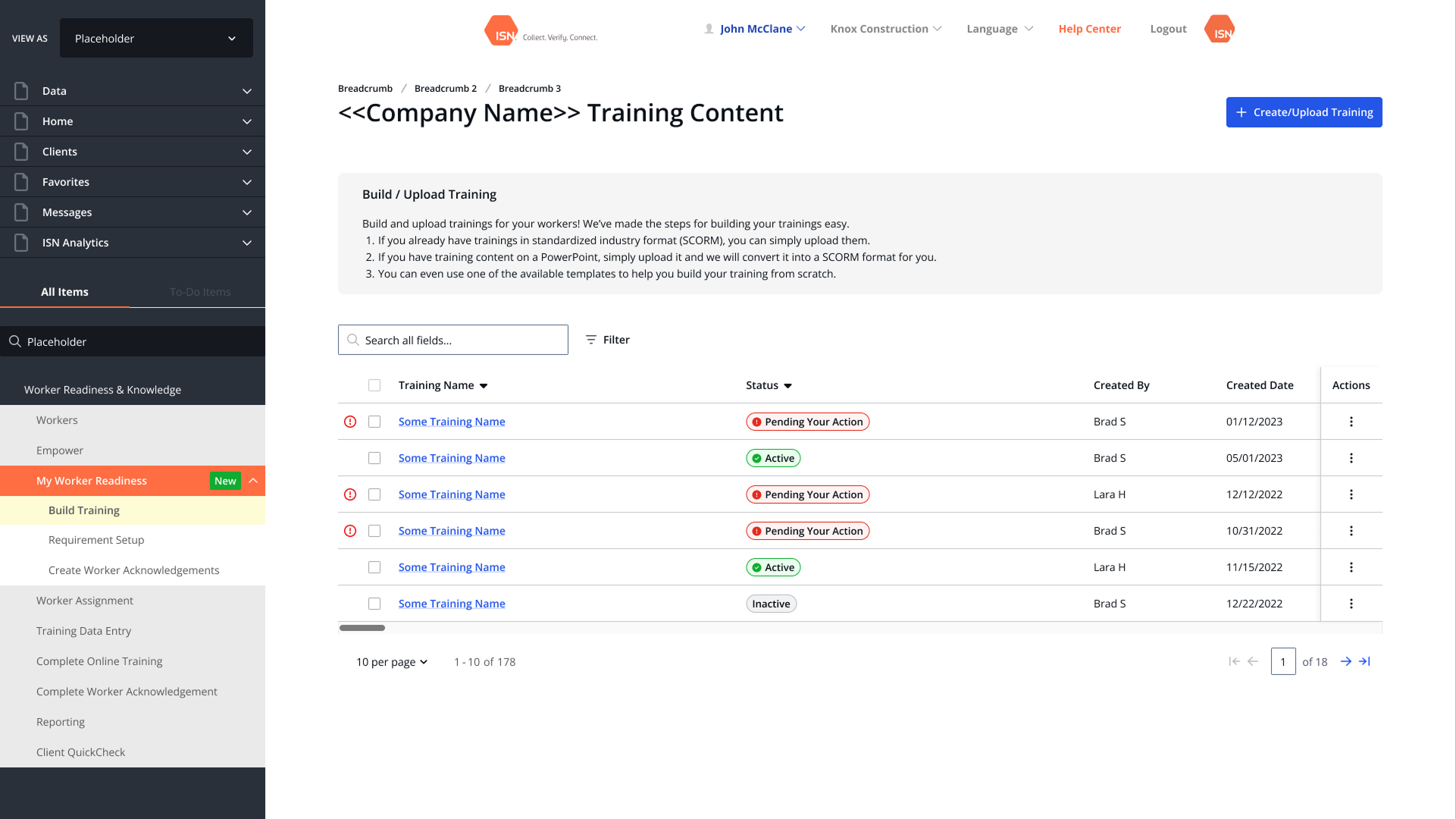 Training landing page — View trainings overview